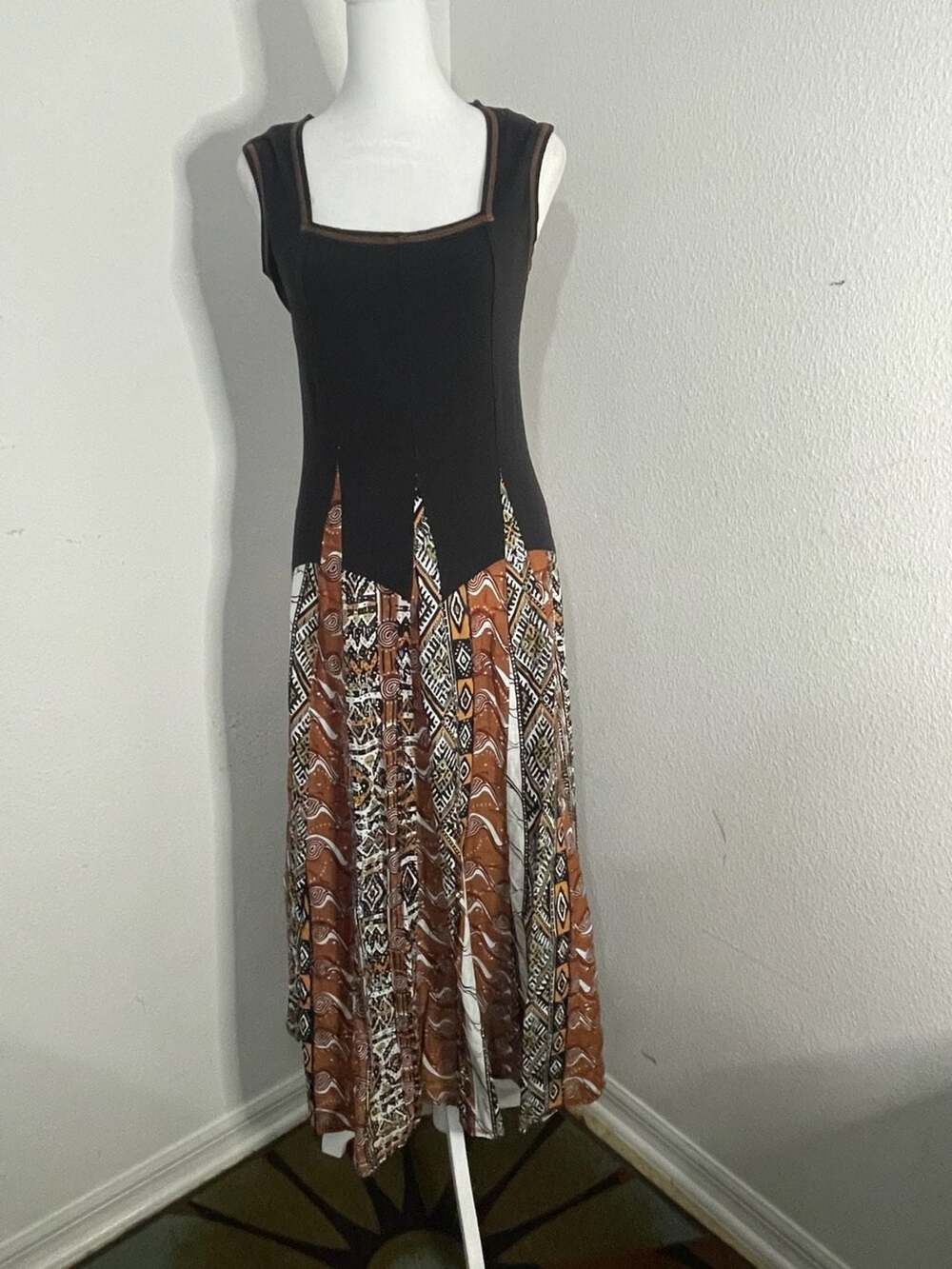 Vintage Graff Wear UM Company Geometric Print Hanky Hem Maxi Dress Sz S